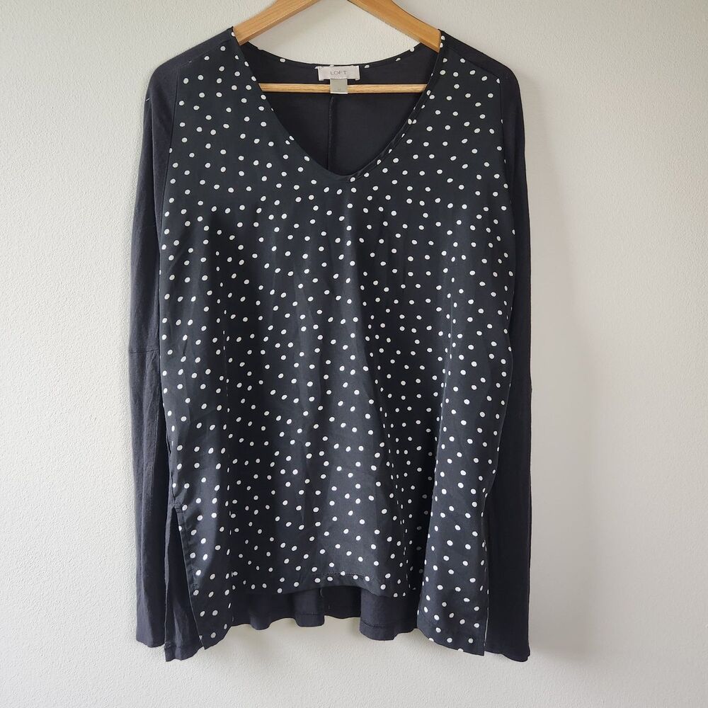 LOFT Polka Dot Long Sleeve Blouse Women’s M Black White Mixed Media V Neck Top